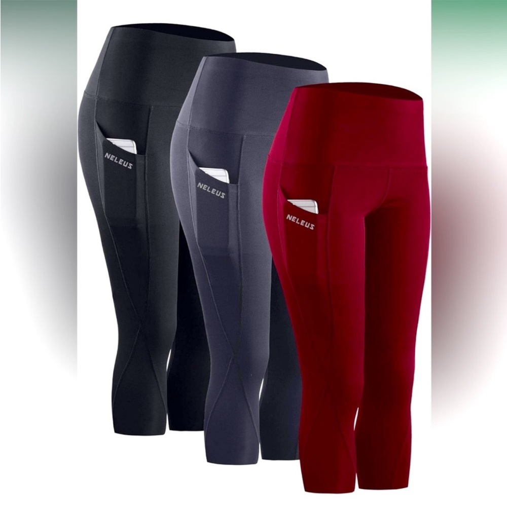 Set of 3 NELEUS Women's Tummy Control High Waist Capri Running Leggings XL
